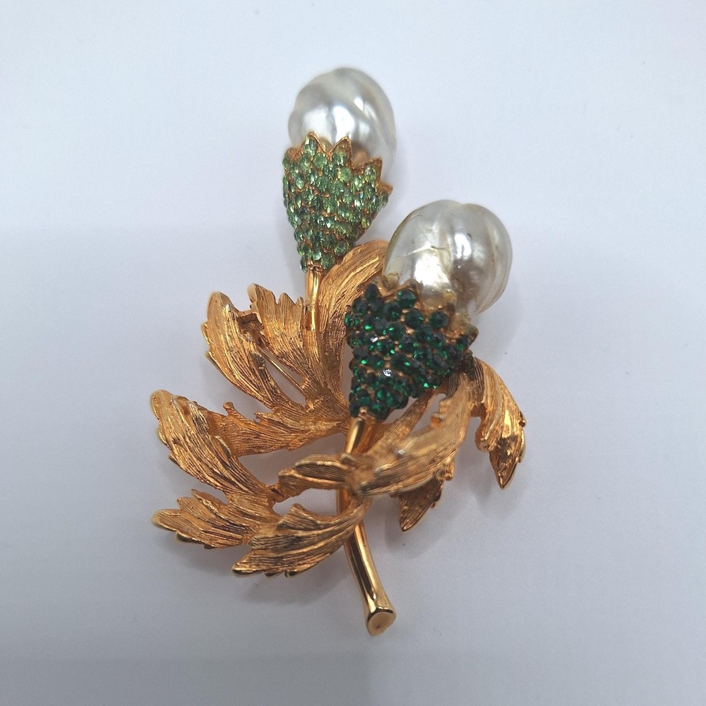 Vintage Schiaparelli brooch with faux pearls dark and light green rhinestones